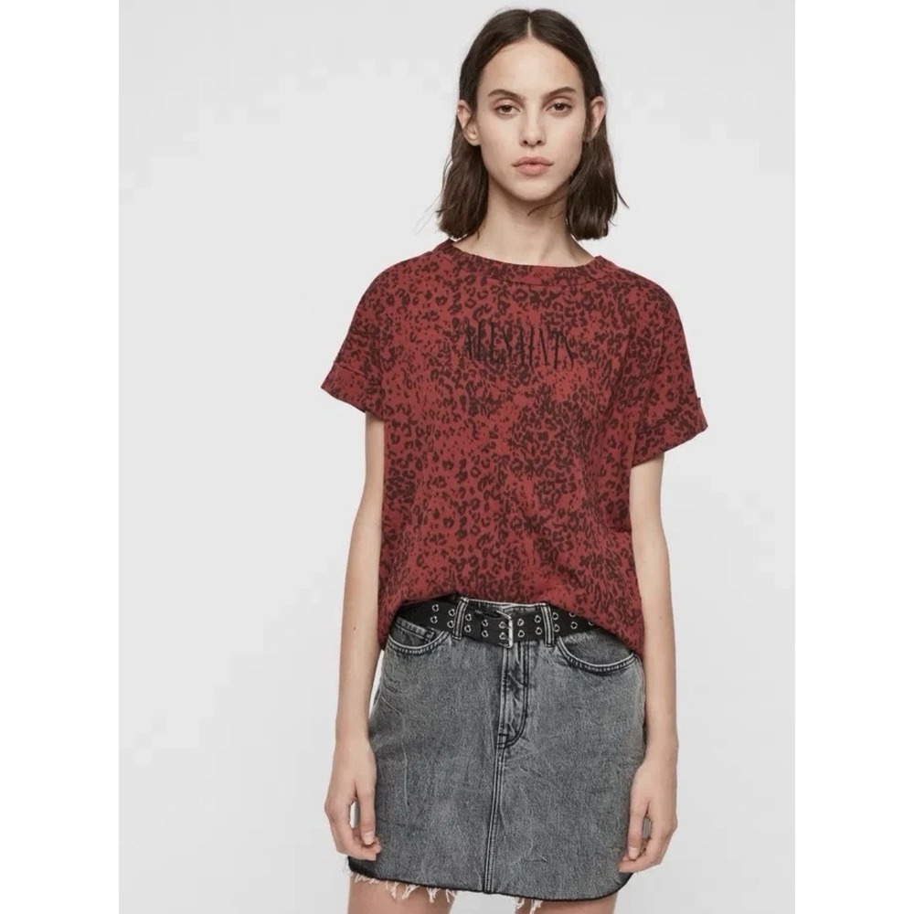 Allsaints Size M Womens Burgundy Red Animal Print Brackets Imogen Boy T-Shirt